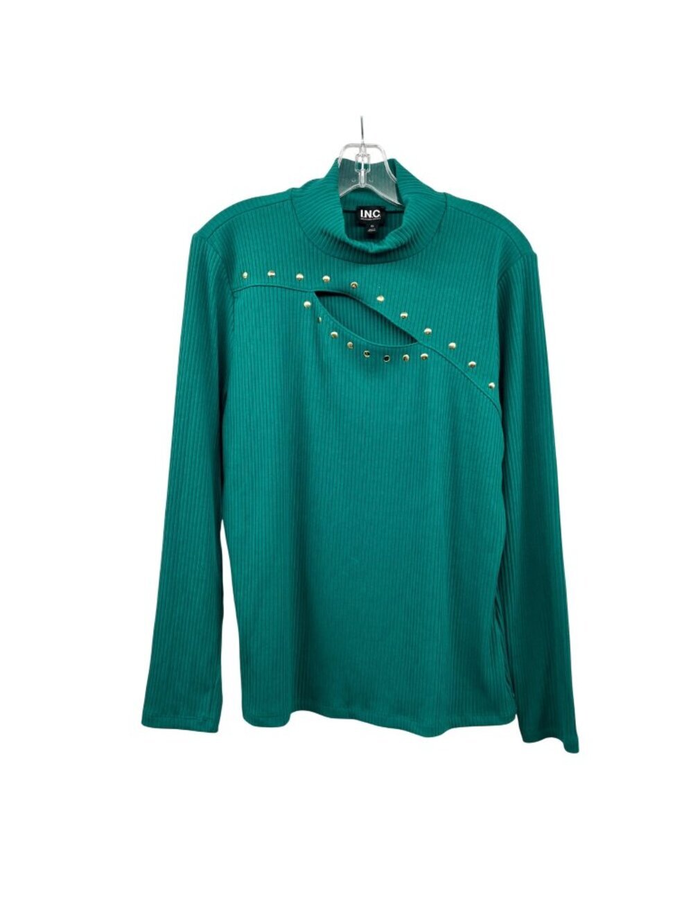 INC International Concepts Ribbed Pullover Top Cut Out Studs Green Size XL